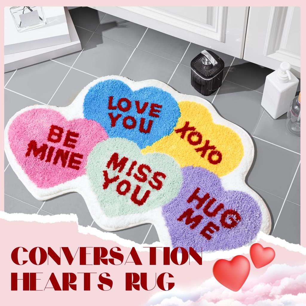 Valentine Bathroom Rug Conversation Heart Door Mat Colorful Heart Rug Funny Non Slip Washable Rug for Bedroom Home Decor