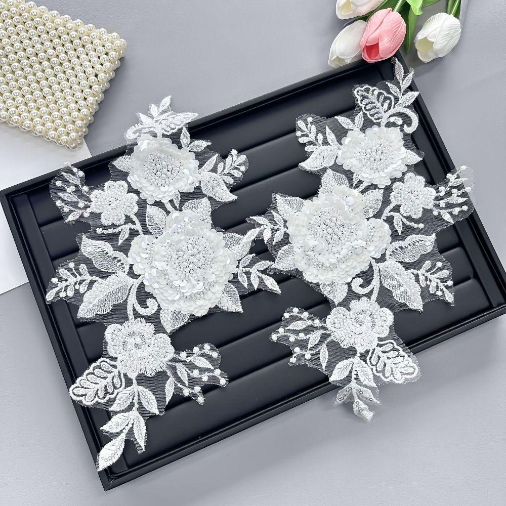 2PCS Handmade Pearls Embroidery Applique DIY Crafts Cloth Applique Exquisite Cloth Patch Sewing