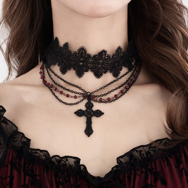 Gothic dark cross necklace for women - punk crystal beaded tassel choker