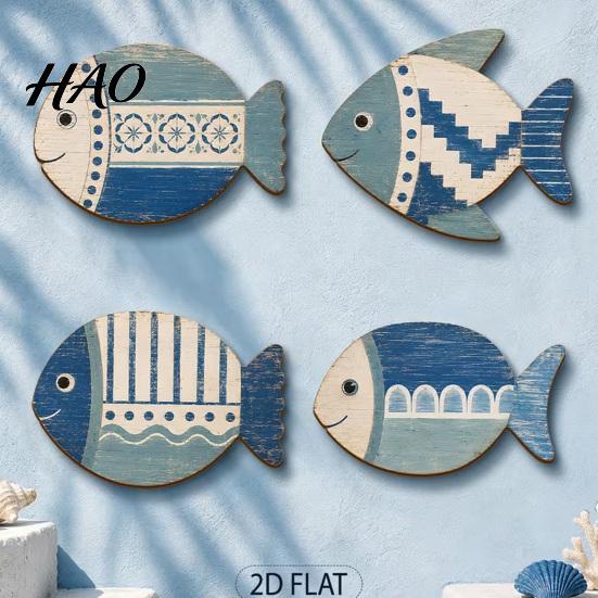 Geometric Pattern Wall Hangings 4PCS Wooden Fish Decoration, Rustic Mediterranean Style Hanging Plaques, Blue White Distressed Seaside Interior