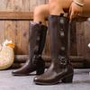 Winter 2025 Fleece Belt Buckle Rivet Mid-heel Knight Boots Plus Size Thick Heel Western Boots Women