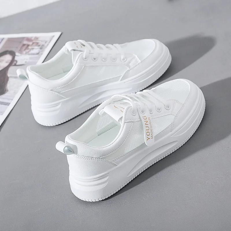 Осенние женские дышащие белые кроссовки с сетчатым верхом 2024 года, новая кампусная модная повседневная обувь на мягкой подошве, увеличивающая рост