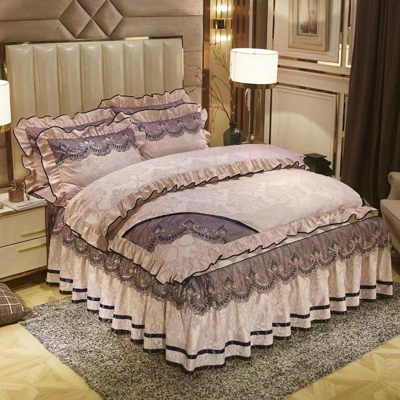 Размер King Size/Queen Size/Twin Size Кружевная юбка-кровать Пододеяльник Наволочка Комплект из четырех предметов Утолщение Теплая спальня Простое постельное белье Высокое качество Осень Зима