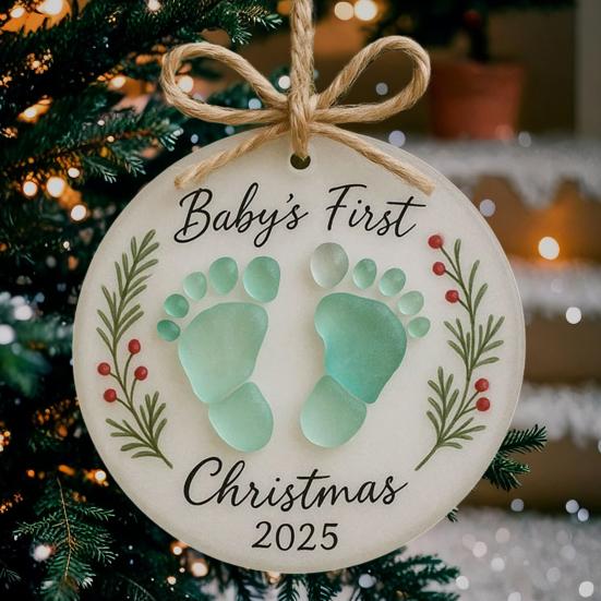 Baby's First Christmas Sea Glass Ornament Baby's Footprint Keepsake for Newborn Girl Boy Gift Coastal Christmas Tree Ornament for Home Decor