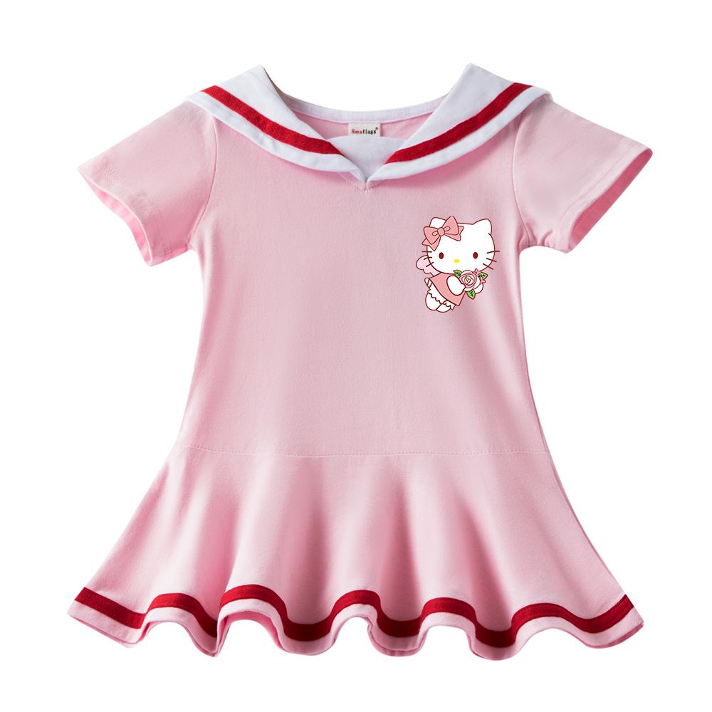 Летнее платье с коротким рукавом для девочек Hello Kitty - Новый стиль, Чистый хлопок, Легкая юбка