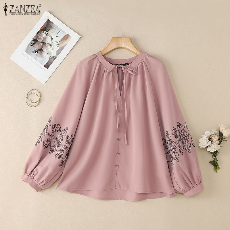 ZANZEA Женская повседневная свободная блузка с длинным рукавом и круглым вырезом