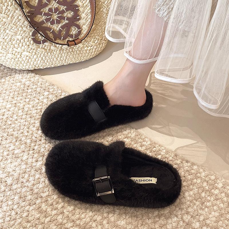 French flat-bottomed fluffy slippers for women to wear in autumn and winter, new models, great-looking, one-pedal, velvet Mary Jane cotton mop
