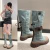Уличная мода женские джинсовые сапоги 2024 Новые осенне-зимние женские сапоги на платформе до колена высокие сапоги в стиле ретро Zapatos Chunky Mujer