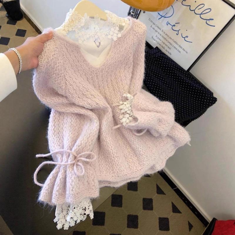 Фиолетовый Мягкий Стиль Толстый Вязаный Свитер для Женщин Осенью и Зимой Корейский Стиль Свободный Мягкий Восковой Длинный Рукав V-образный Вырез Топ Модный