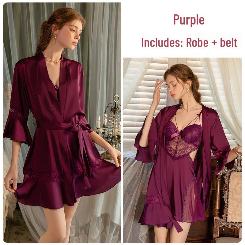 Пижамный комплект Guiruo Plus Size с нагрудными накладками и поддерживающими ремнями - Включает ночную рубашку и уютный халат