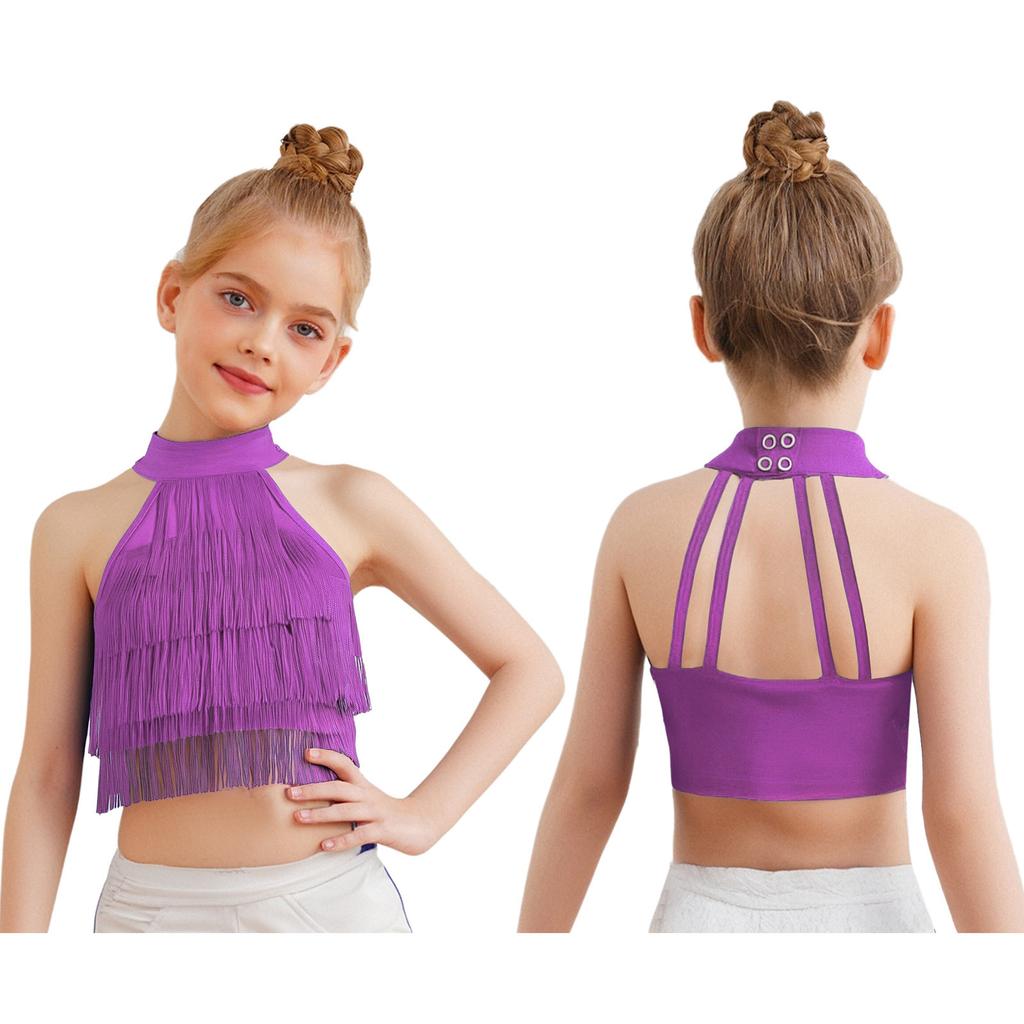 Девочки Сальса Латинские Танцы Укороченный Топ: Безрукавка с бахромой и ремешками на спине с многоярусной бахромой для соревнований