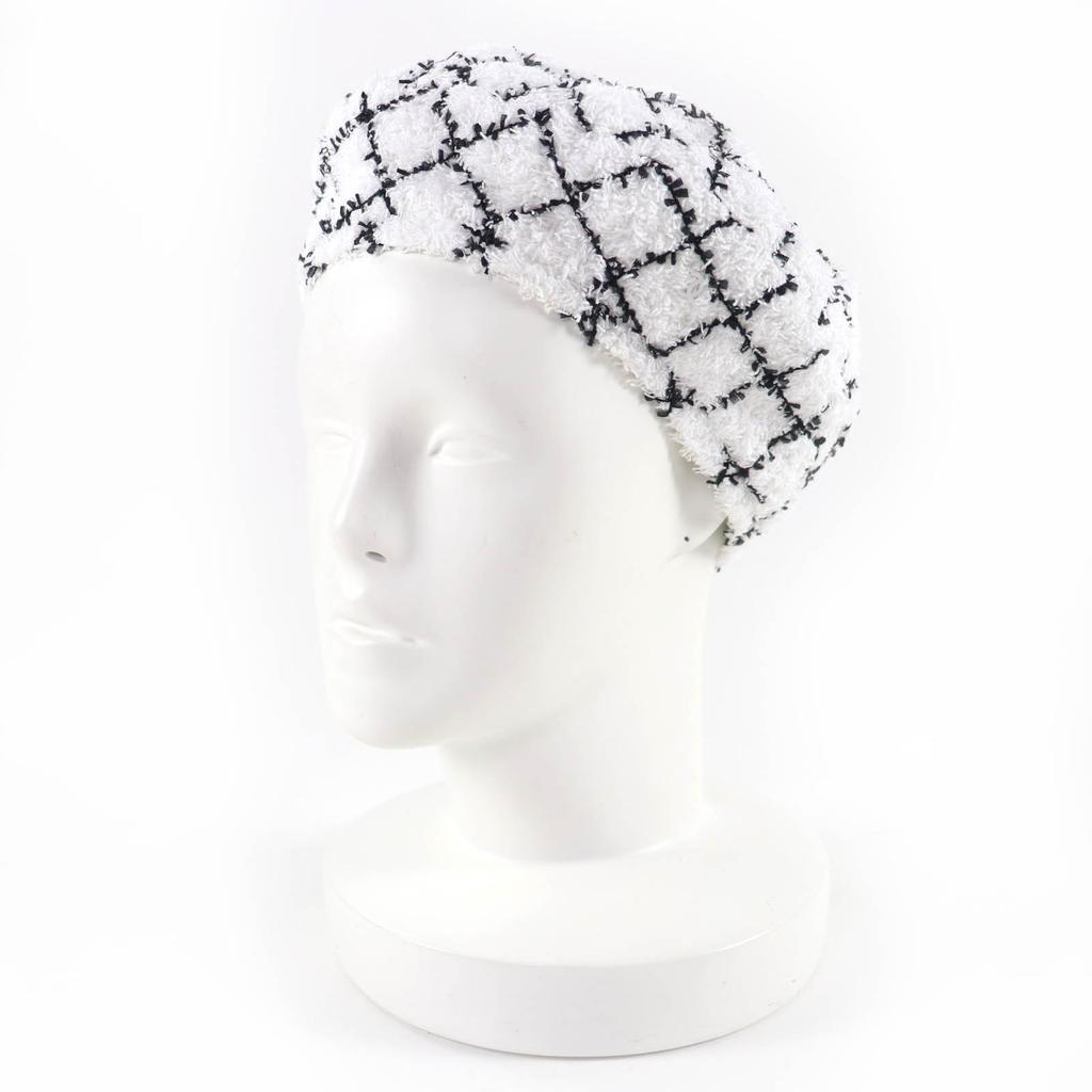 Excellent CHANEL beret COCO Mark Tweed white cotton Women M 19C Used