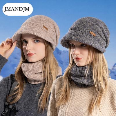 Зимняя шапка, комплект из шарфа, бархатная, утепленная и вязаная шапка, женская шапка с полями, беруши, шерстяная шапка.