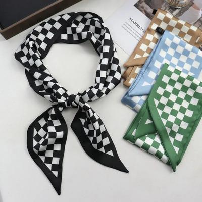 Spring/Summer Chessboard Print Ribbon Shirt Paired Scarf For Women Classic Thin Neckerchief Decorative Imitation Silk Headband