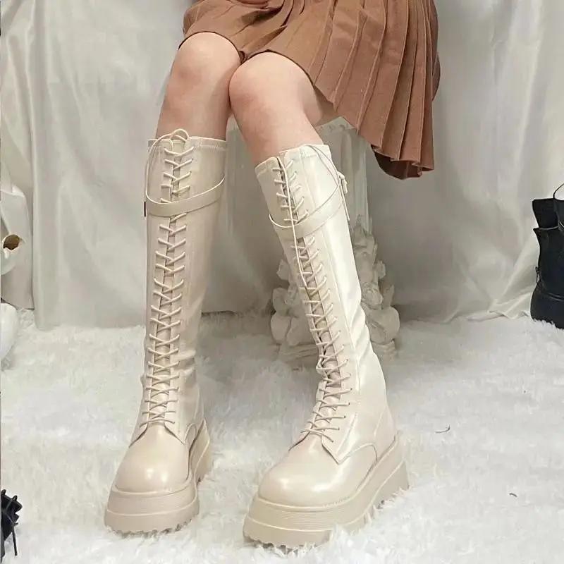 Модная шнуровка Зима 2025 Сапоги до колена Женские со шнуровкой Платформа Длинные сапоги для женщин Водонепроницаемые Демисезонные Рабочие Весенние Новые
