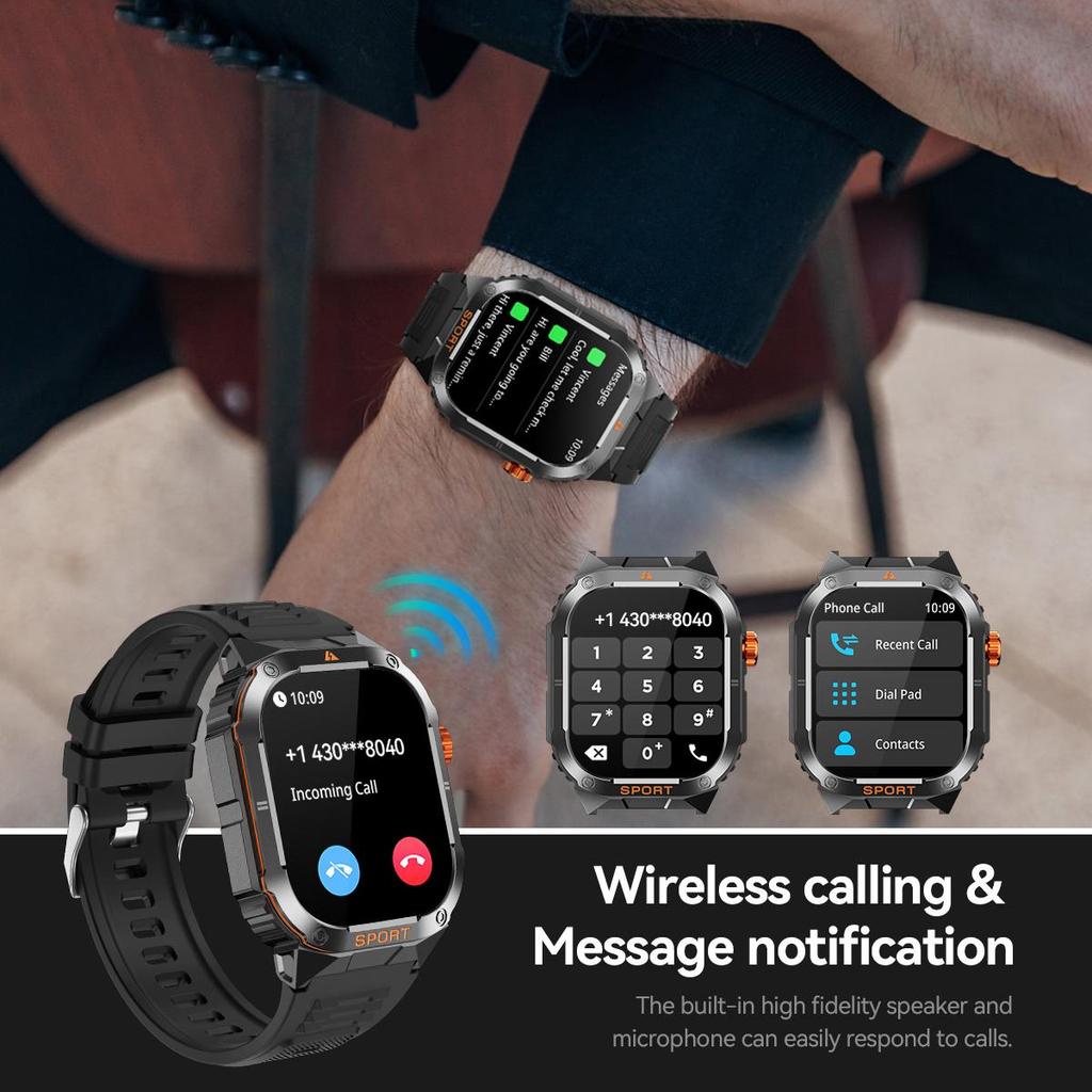 QTLLBT Военные умные часы с Bluetooth-звонком, водонепроницаемость IP67, монитор сердечного ритма и артериального давления, фитнес-трекер и шагомер для мужчин и женщин