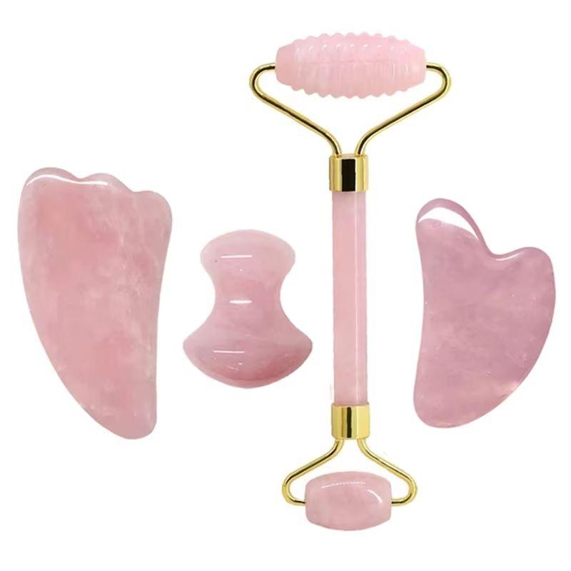 Natural Jade Stone Rose Quartz Jade Roller Gua Sha Facial Massager Set Gouache Scraper Body Wrinkle Remover Beauty Tools