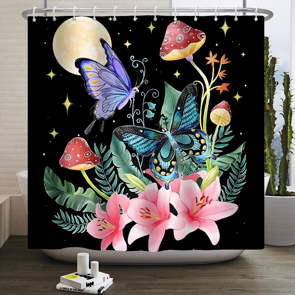 Гриб Занавеска для душа Цветок Зеленый лист Растение Лес Бабочка Ботанический Цветочный Белка Эстетика Водонепроницаемая Занавеска для ванной