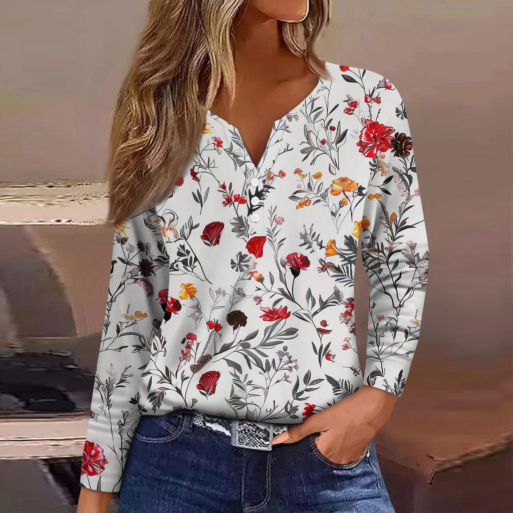 Жен. Футболка Футболка Пуговицы Цветочный принт Длинный рукав Повседневные Выходные Мода Классический Классический V-образный вырез Обычный Топ