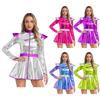 Womens Alien Costume Long Sleeves Front Zip A Line Dress Belt Design Shiny Metallic Outer Space Robot Costume