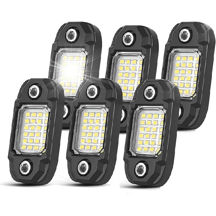 6Pods White Rock Lights 24 LEDs Chips Neon Trail Rig Lamp Underglow Lighting For Cars Trucks SUV ATV UTV Boats (White)