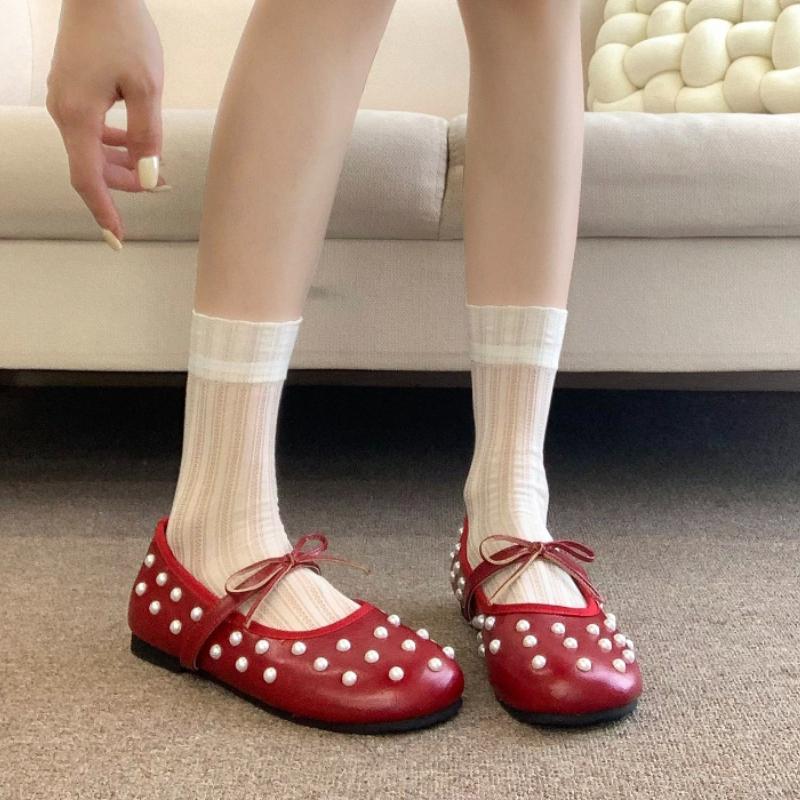 Женские балетки с бантом-бабочкой из жемчуга, элегантные туфли Мэри Джейн для дам, весна, осень, лаконичные, без шнуровки, Zapatos De Mujer