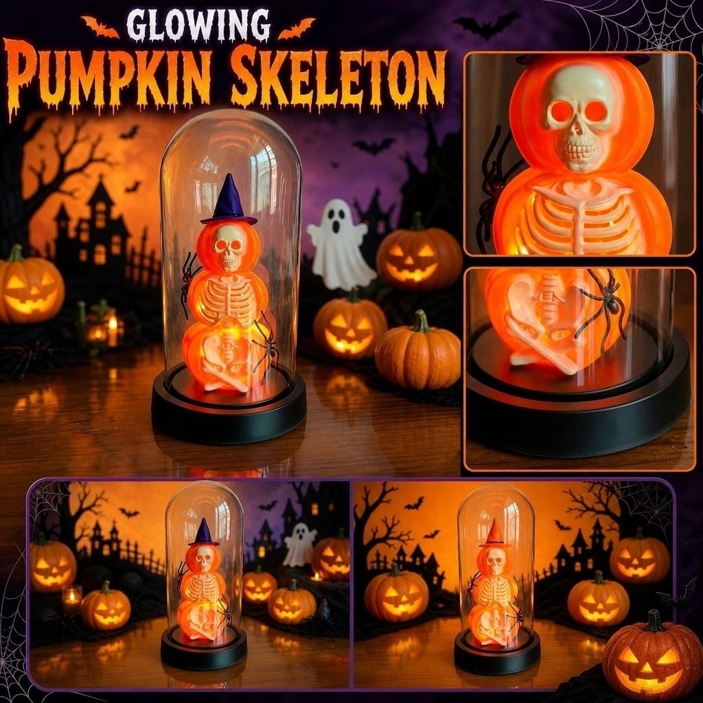 Halloween Skeleton Night Light Glass Pumpkin Lamp with Wooden Base for Bedroom Home Decor Gift