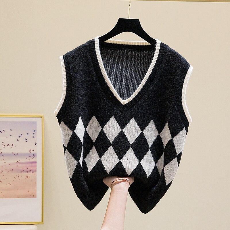 Винтажный вязаный свитер в клетку Argyle, жилет, женские пуловеры без рукавов с v-образным вырезом, жилеты, свитера, повседневный свободный трикотаж, жилет 29065
