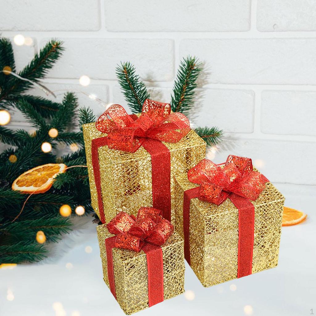 3Pcs Christmas Gift Boxes Decoration Xmas Decor Iron Decorative Ornaments Present