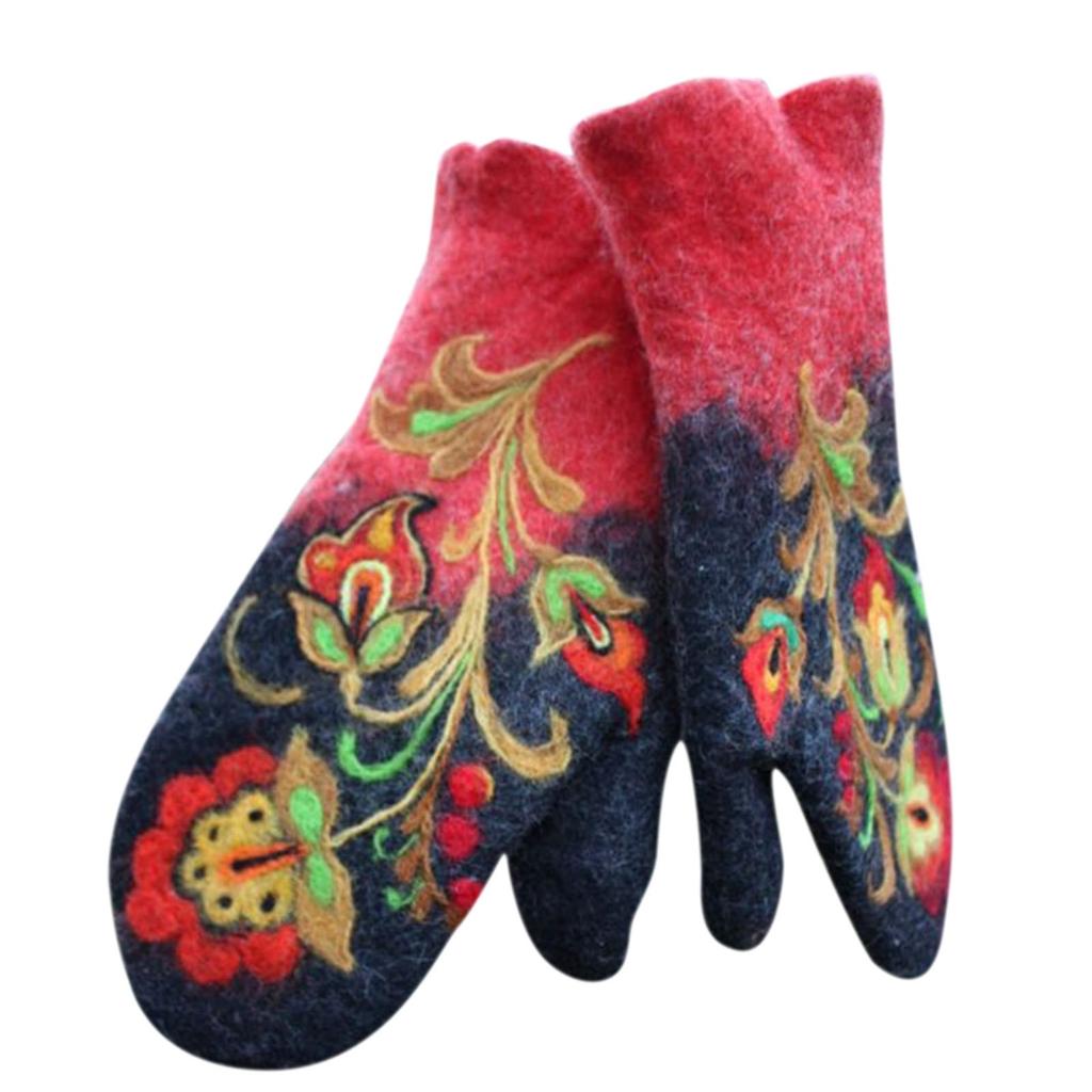 Women's Colorful Embroidered Gloves Winter Christmas Mittens Warm Gloves