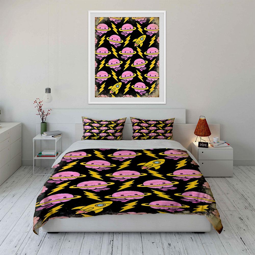 Pink planets, yellow lightning. Bedding sets Duvet cover sets Duvet covers Pillowcases(1 * Duvet Cover 2 * Pillowcases without duvet insert)