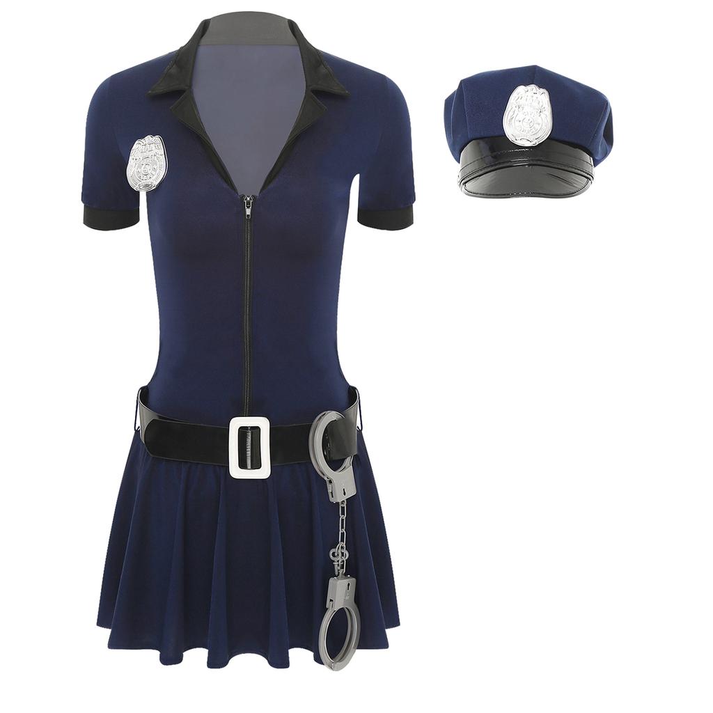 Womens Halloween Policewoman Cosplay Dress Hat Waist Belt Manacles 4-Piece Dirty Cop Costumes