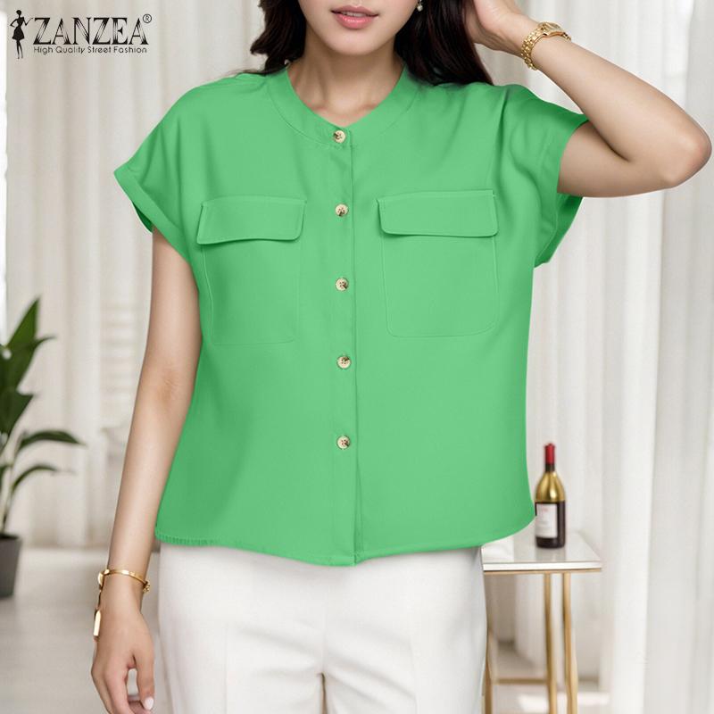 ZANZEA Женская летняя блузка свободного покроя с круглым вырезом и коротким рукавом