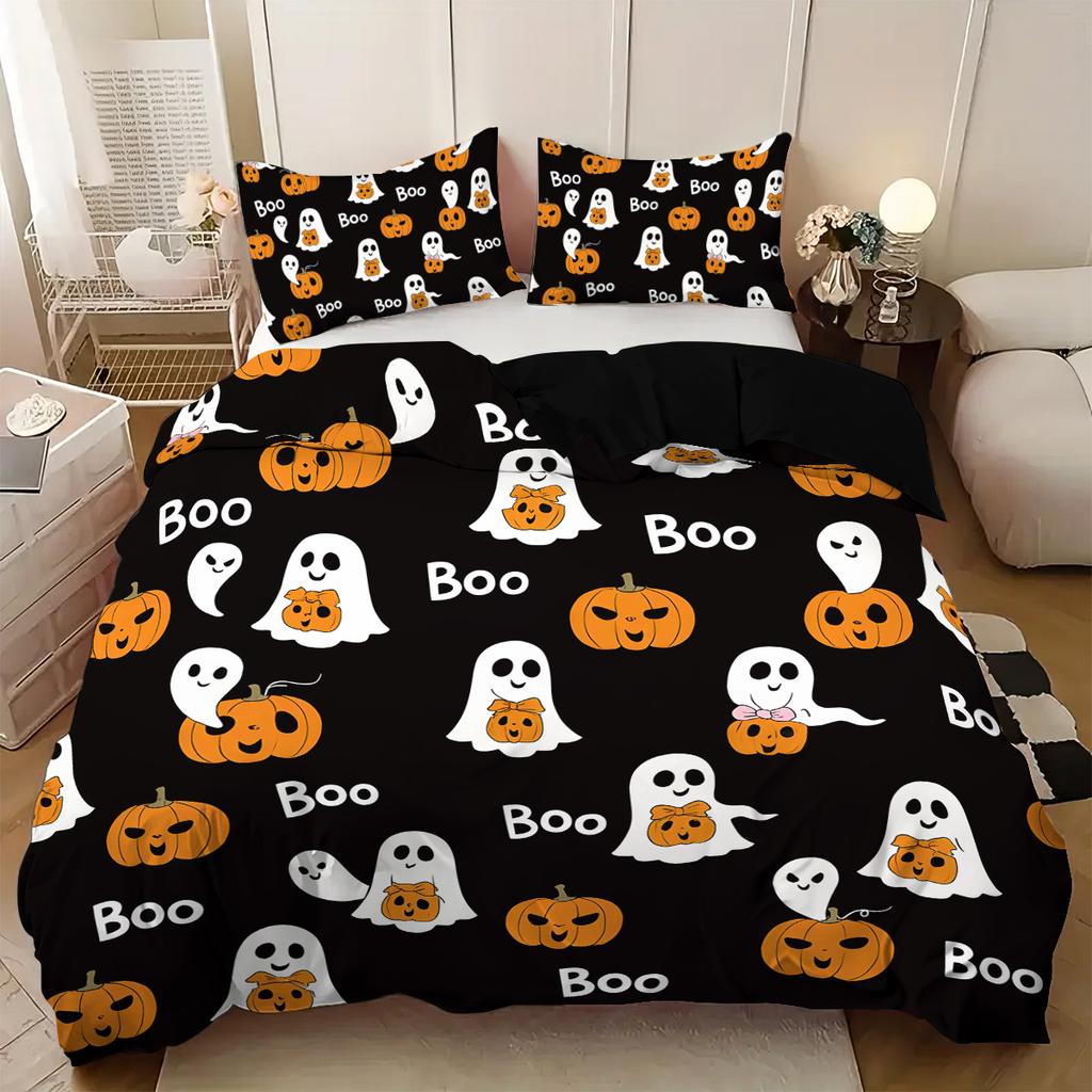 3-piece Halloween themed black cute ghost pattern duvet cover set 1 duvet cover+2 pillowcases coreless