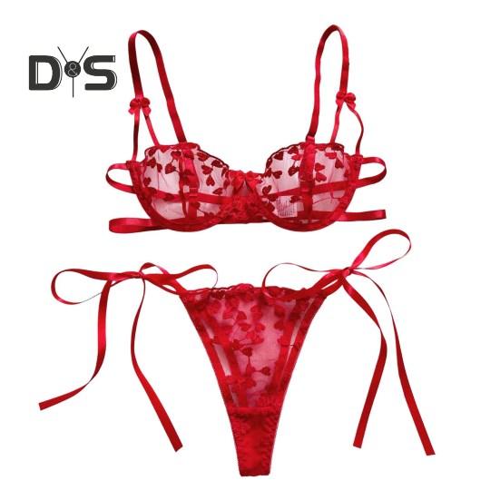 Комплект нижнего белья из 2 предметов: бюстгальтер и трусики, прозрачный, кружевной, с вышивкой в виде сердца, однотонный, с регулируемым ремешком, тонкий, мягкий, с высокой талией, для первой брачной ночи или медового месяца