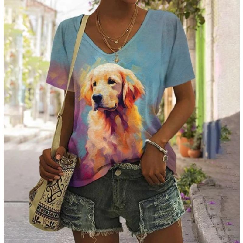 Summer V-neck 3D Animal Flower Printed Top Fashionable Casual Short Sleeved Women's T-shirts