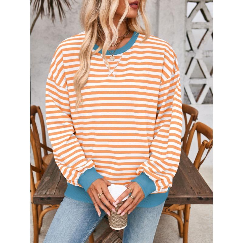 Simple Home Leisure New, Striped Pattern Round Neck Trend Long Sleeve, Pullover Color T-shirt