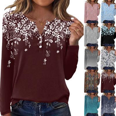 Женская повседневная и модная футболка, винтажный цветочный принт, круглый вырез, топ с длинными рукавами.