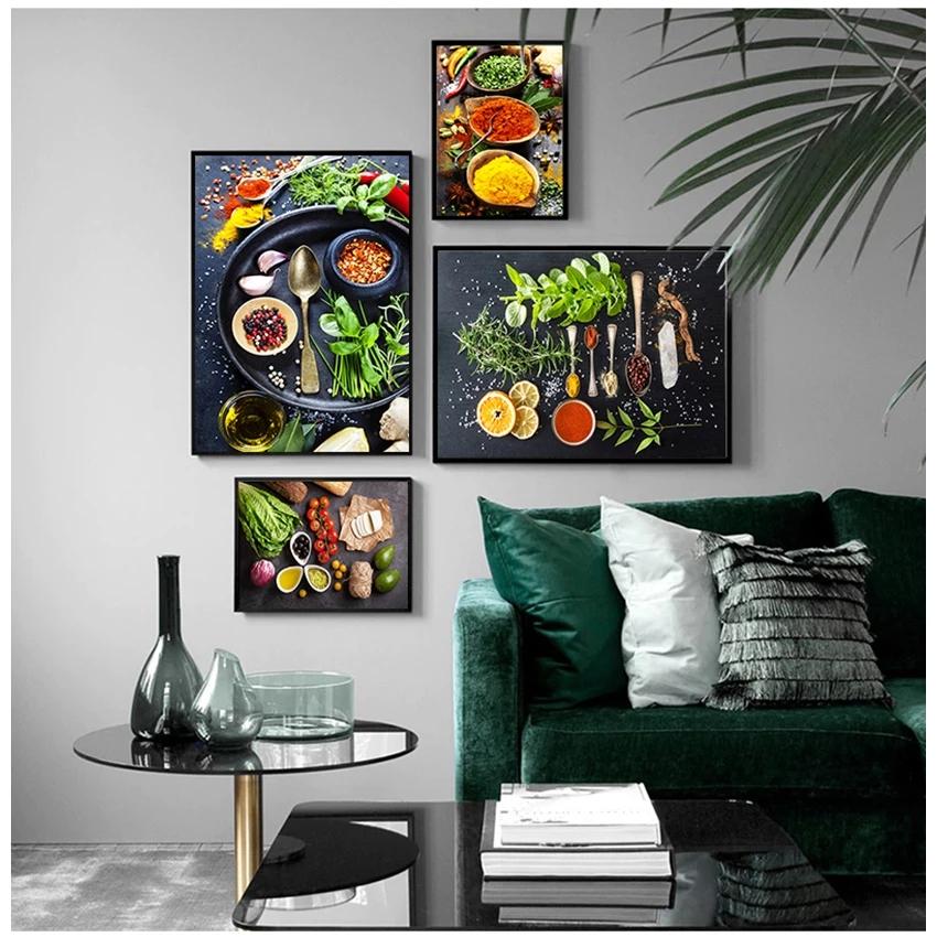 Пищевые зерна, специи, постеры и принты, настенные художественные картины для гостиной, приправы, перец, украшение для кухни, холст, картины