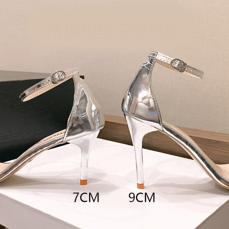 Женские летние босоножки на высоком каблуке, серебристые, со стразами, модная обувь для женщин, туфли-лодочки с пряжкой на щиколотке, сандалии Femininas Cover Heel