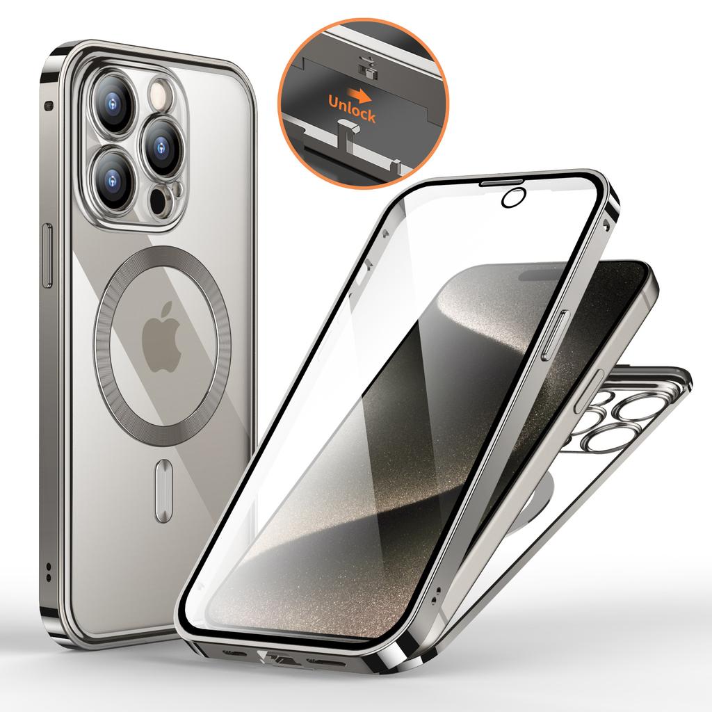 Для iPhone 15 14 Pro Max 360 ° все включено защитные чехлы магнитная безопасность беспроводная зарядка алюминиевый сплав защитные чехлы
