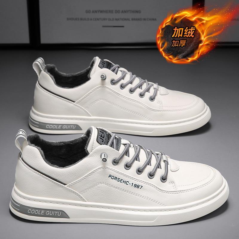 Хлопковые туфли мужские зимние теплые бархатные утолщенные белые туфли с одной педалью осенние повседневные универсальные кожаные туфли для легкой доски