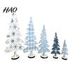 Nordic Style Xmas Displays 5Pcs Wooden Christmas Tree Ornaments, Blue And White Desktop Holiday Decorations Plaid/Snowflake/Polka Dot for Home