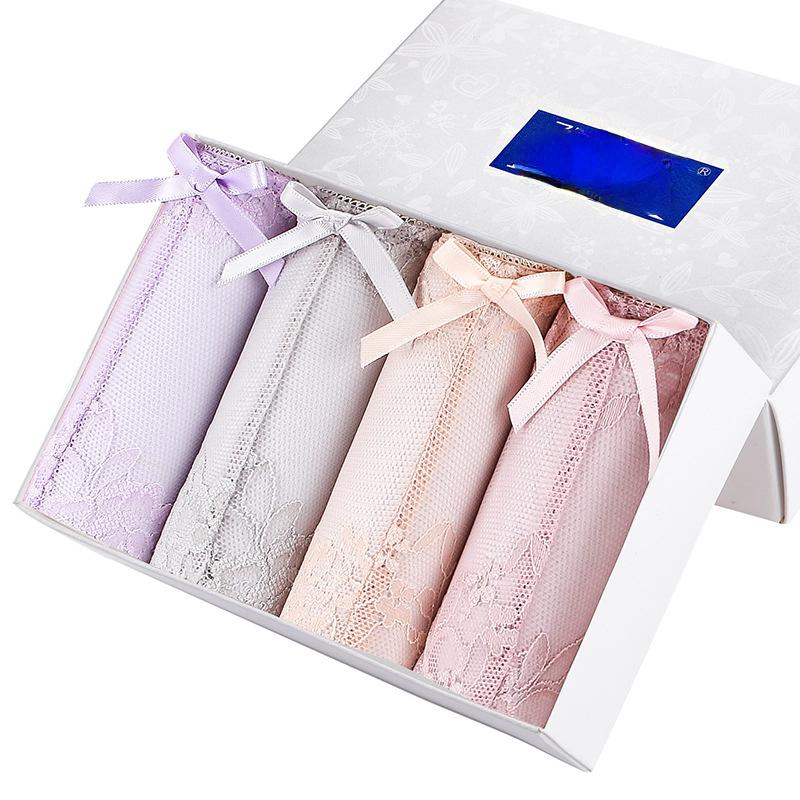 Sexy Lace Underwear Cotton Crotch Lace Edge Mid Waist Underwear Women's Seamless Lace Underwear Boxed In 4 Pieces