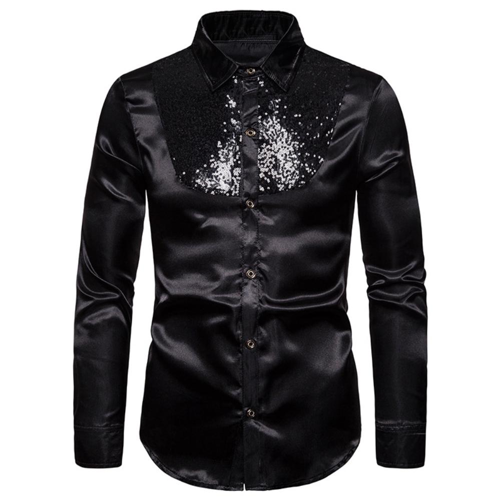 Men Solid Color Long Sleeve Shiny Sequins Buttons Stage Business Nightchlub Shirt