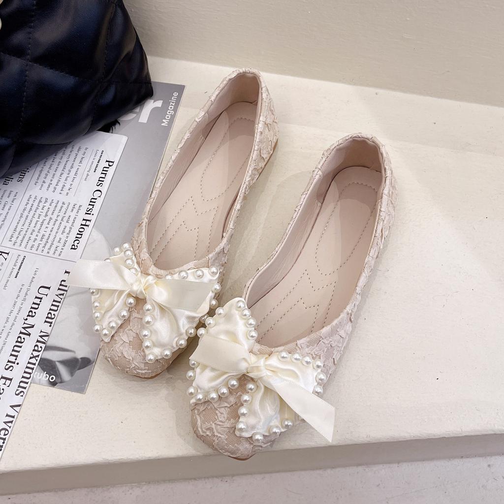 Single Shoes Women's Summer 2025 New Fashionable Versatile Retro Bow Pearl Shallow Mouth Square Head Non-slip Doudou Shoes