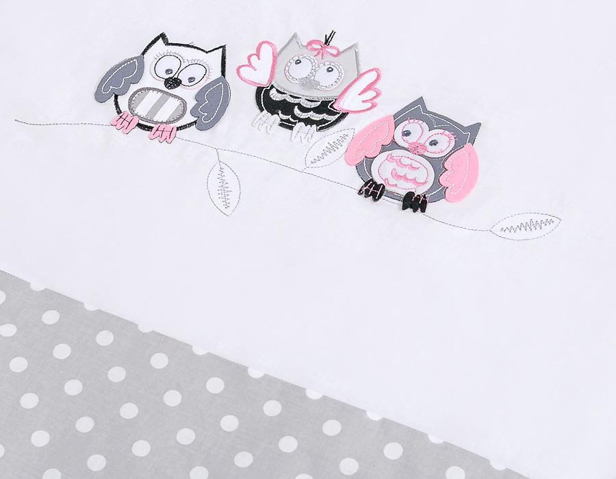 Children's bedding set 120x90cm with a 3-piece bumper, gray owls, with gray and pink embroidery