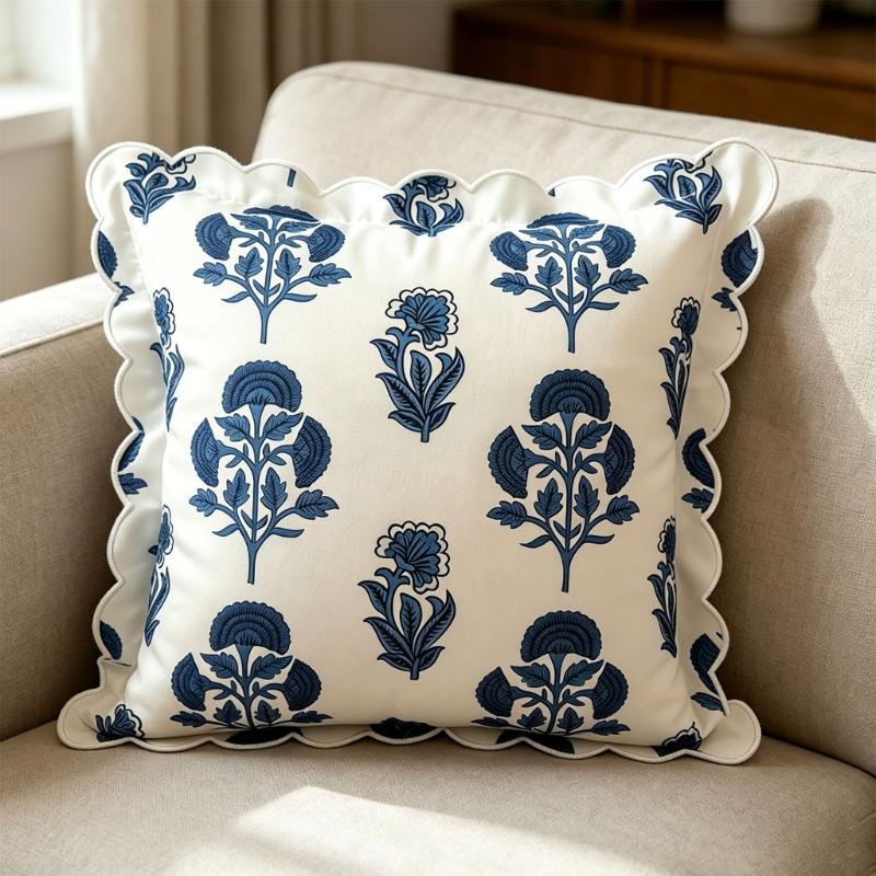 Blue White Flower Print Square Cushion Cover Craft Of Polyester With Ruffled Edges Design
