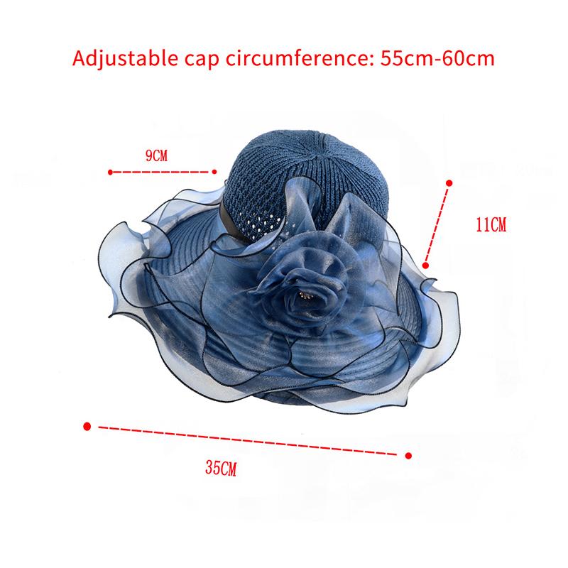 Elegant Summer Women'S Sun Hat Breathable Organdy Material Foldable Design Top Flower Organza Wide Brim Ruffled Beach Hat