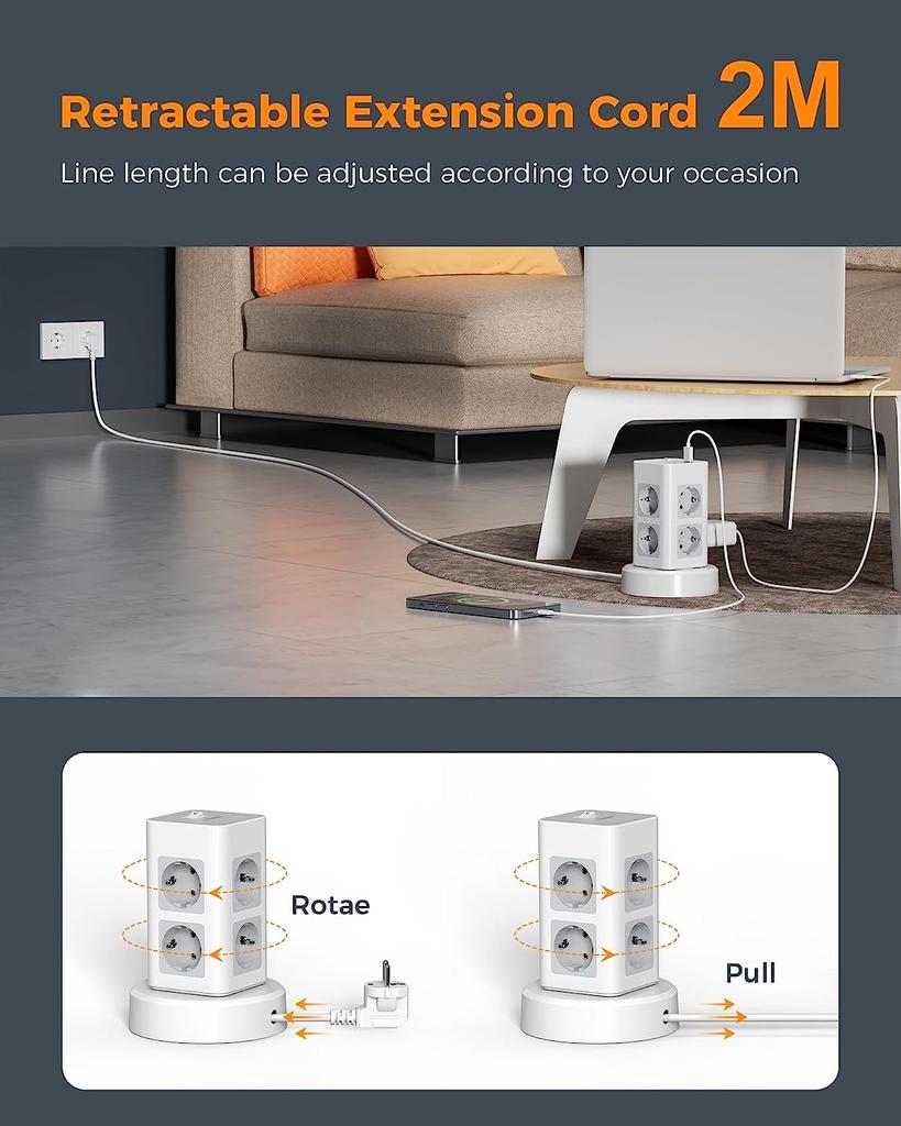 Tessan Вертикальные розетки с несколькими розетками в виде башни с USB, выдвижным удлинителем длиной 2 м, многоточечной электрической розеткой с вилкой EU KR